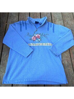 Renee Sport Blue Floral Embroidered Quarter-Zip Pullover Sweatshirt Size M 65% P